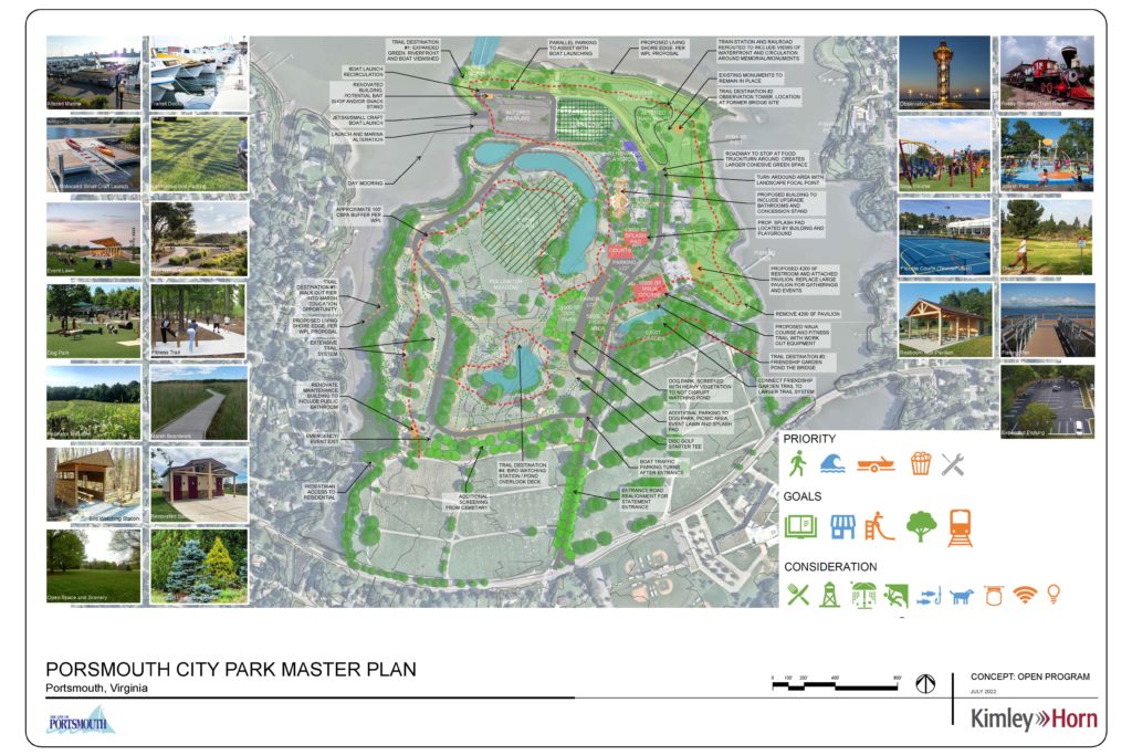 The image demonstrates the Open Spaces Concept Plan. This concept displays a large event lawn in the central park area, surrounded by public park amenities like a renovated playground, dog park, Ninja obstacle course, and athletic courts.