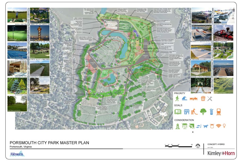 The image demonstrates the Hybrid Concept Plan. This concept displays a large driving range in the central park area, surrounded by public park amenities like a renovated playground, skate park, dog park, and athletic courts.